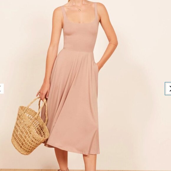 Reformation Jeans Rou Blush Pink Fit and Flare Midi Dress Minimalist Barbiecore - Picture 2 of 11